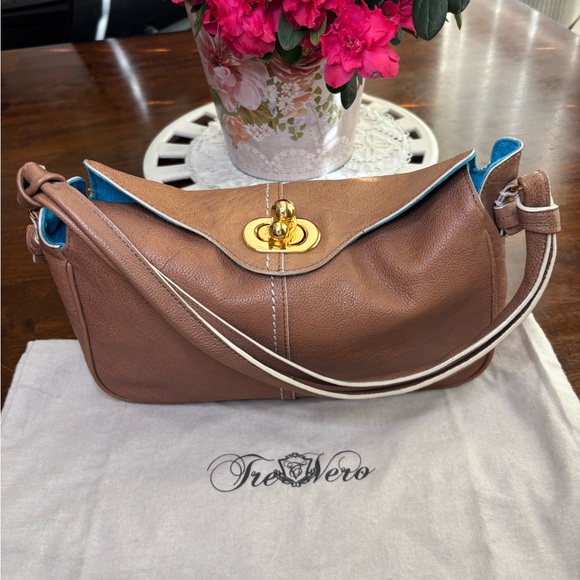 Tre Vero Brown Leather Shoulder Bag Gold Hardware Turquoise Lining 10x7 - Picture 9 of 12